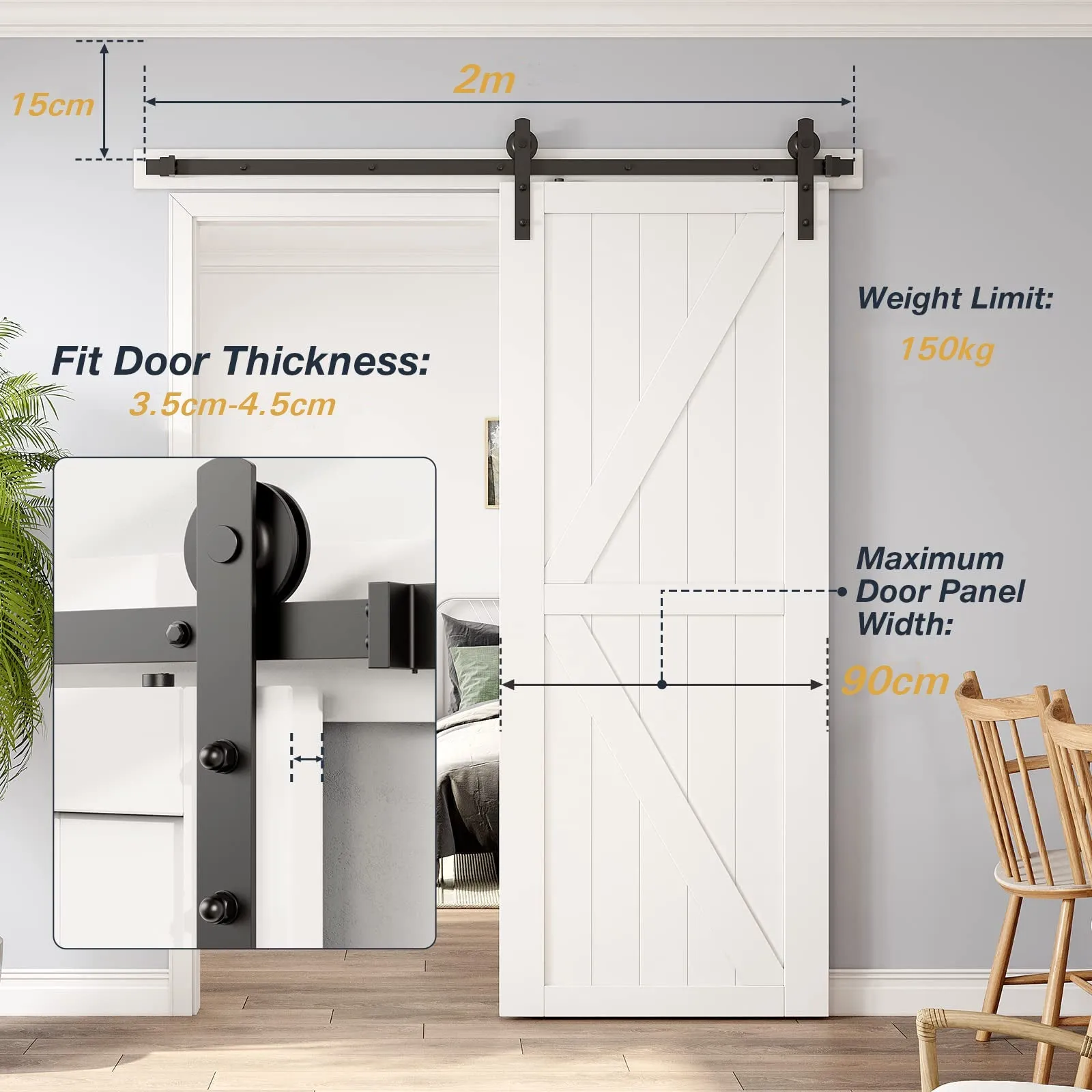 Sliding Barn Door Hardware Kit 2m Heavy Duty Damper Track Rail Roller System
