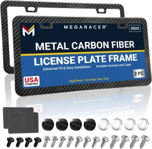 Slimline Carbon Fiber Metal License Plate Frames | Compatible with BMW Tesla Mercedes Porsche Audi Lexus | Thin Cool Black Licence Plate Holder Porta Placas para Auto Car Tag Frame Screw Cap | 2 Pack