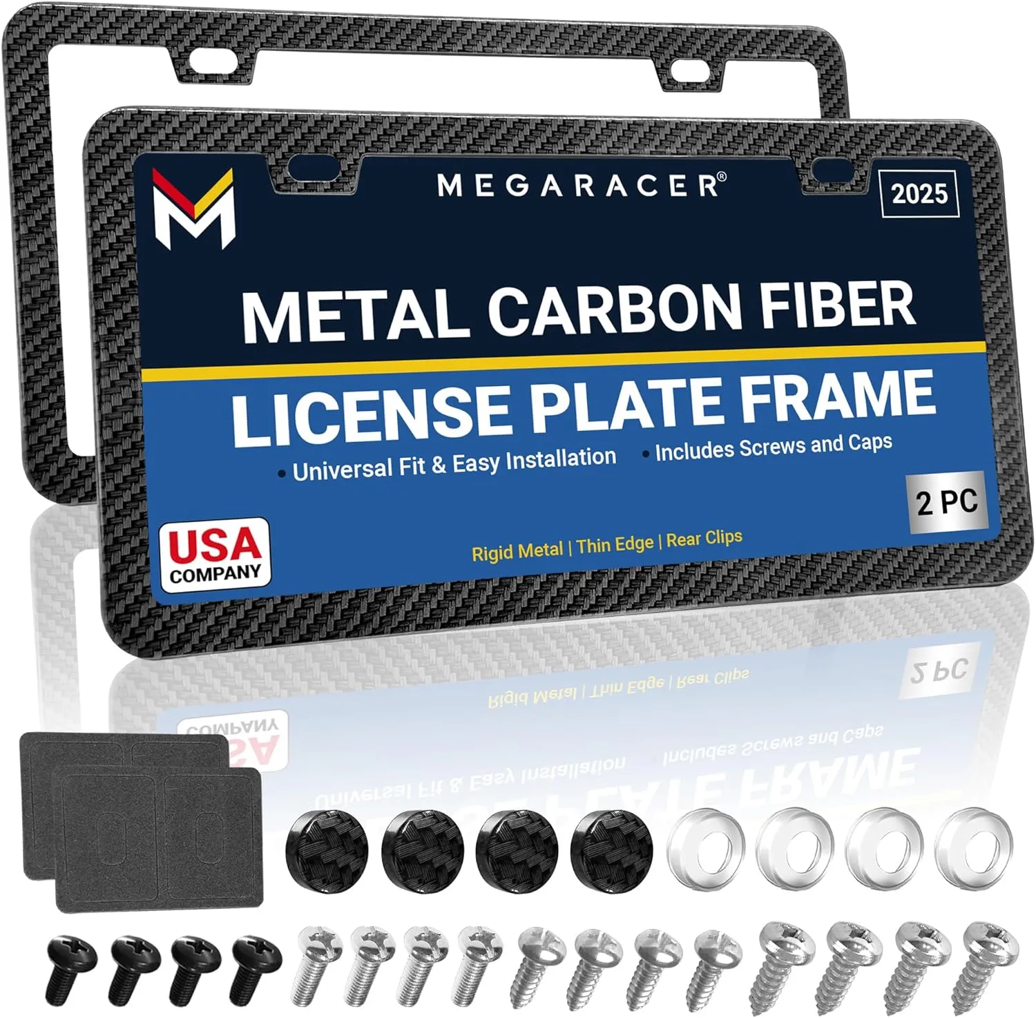 Slimline Carbon Fiber Metal License Plate Frames | Compatible with BMW Tesla Mercedes Porsche Audi Lexus | Thin Cool Black Licence Plate Holder Porta Placas para Auto Car Tag Frame Screw Cap | 2 Pack