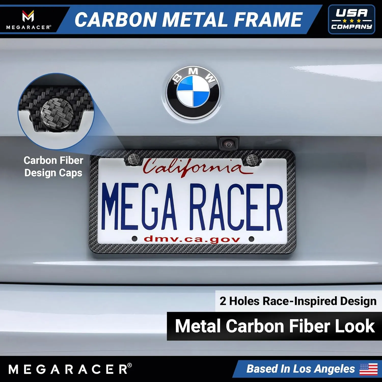 Slimline Carbon Fiber Metal License Plate Frames | Compatible with BMW Tesla Mercedes Porsche Audi Lexus | Thin Cool Black Licence Plate Holder Porta Placas para Auto Car Tag Frame Screw Cap | 2 Pack