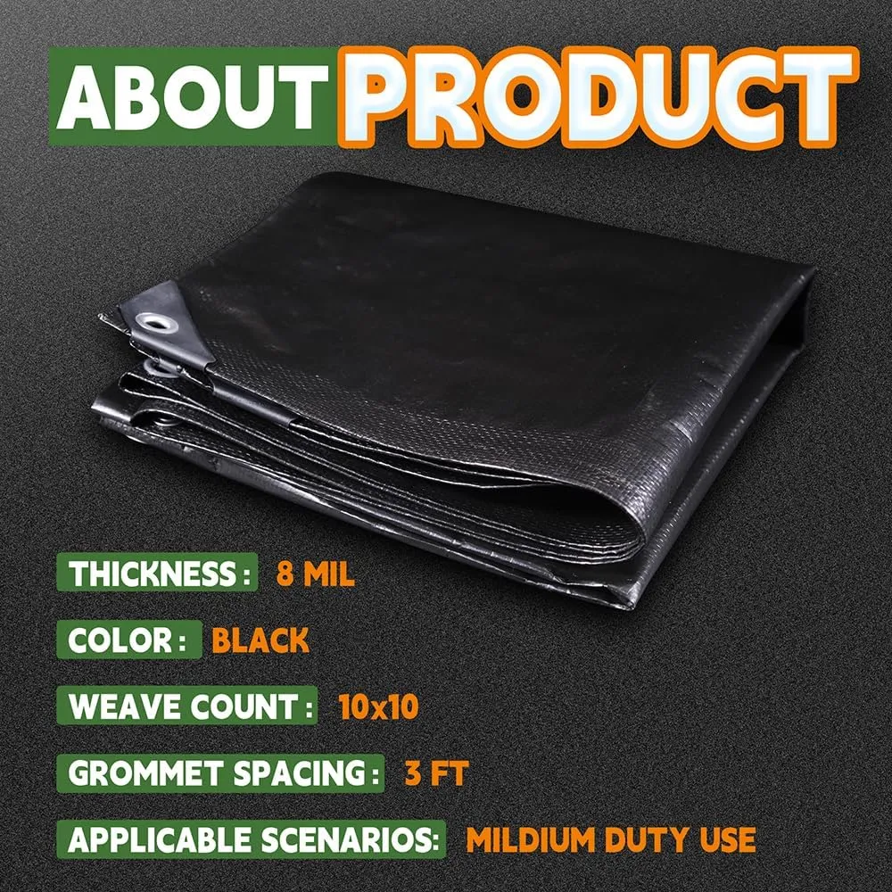 Small Black Tarps 4x6 Feet (2 Pack), UV Resistant, 8 Mil Multipurpose Medium Duty Waterproof Poly Tarp Cover with Metal Grommets and Reinforced Edges by RAINDEWAY