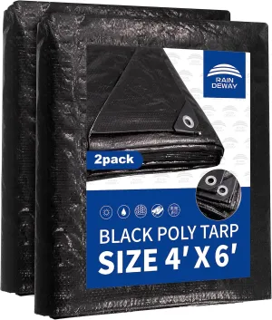 Small Black Tarps 4x6 Feet (2 Pack), UV Resistant, 8 Mil Multipurpose Medium Duty Waterproof Poly Tarp Cover with Metal Grommets and Reinforced Edges by RAINDEWAY
