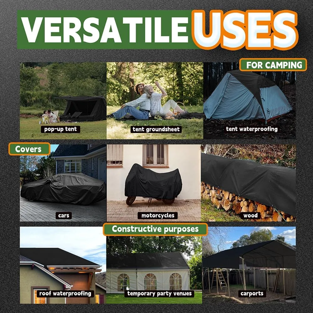 Small Black Tarps 4x6 Feet (2 Pack), UV Resistant, 8 Mil Multipurpose Medium Duty Waterproof Poly Tarp Cover with Metal Grommets and Reinforced Edges by RAINDEWAY