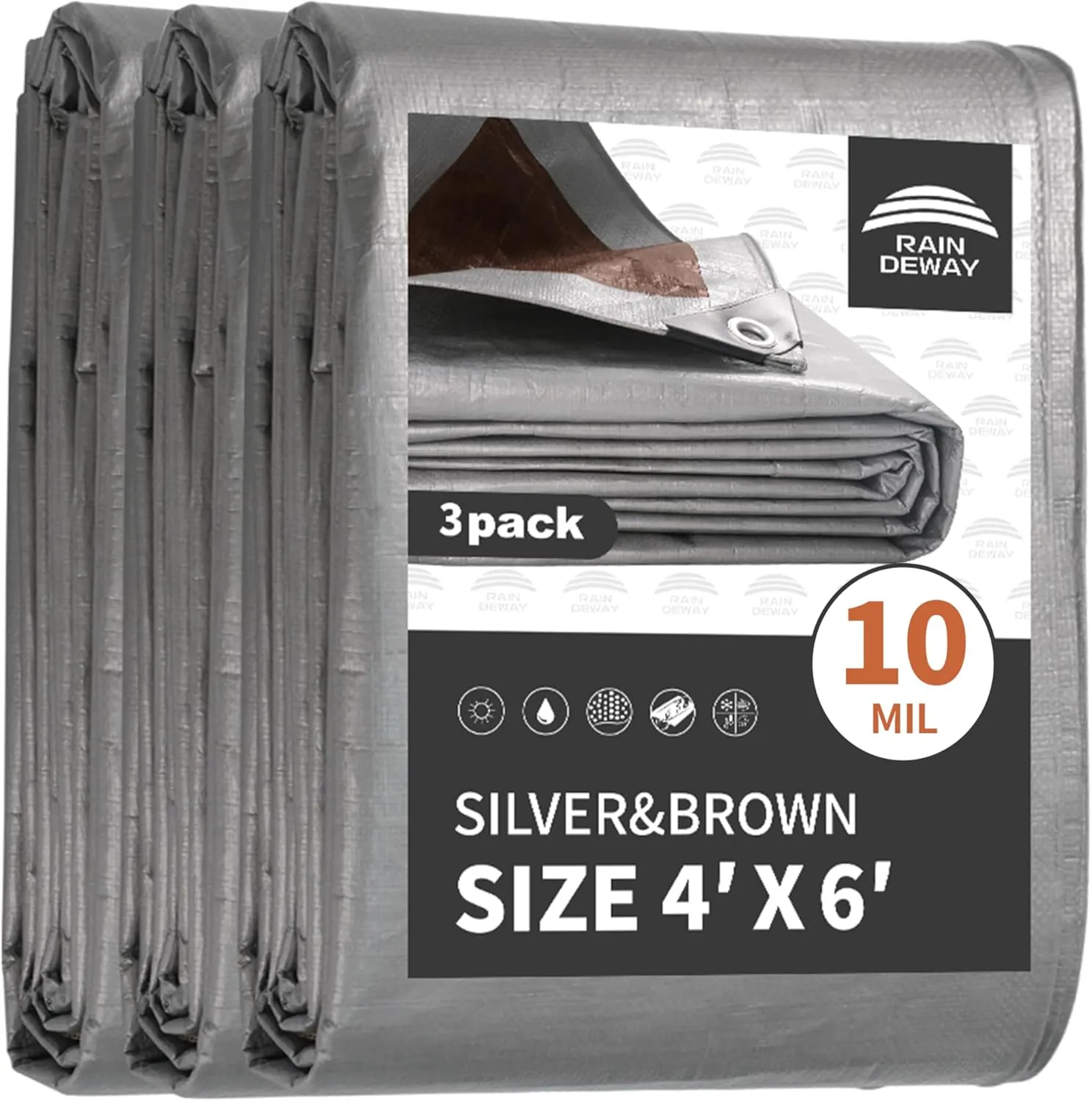Small Tarps Heavy Duty Waterproof 4x6 Feet (3 Pack), 10Mil Multipurpose Poly Tarp Cover with Metal Grommets and Reinforced Edges, Silver/Brown Tarp by RAINDEWAY
