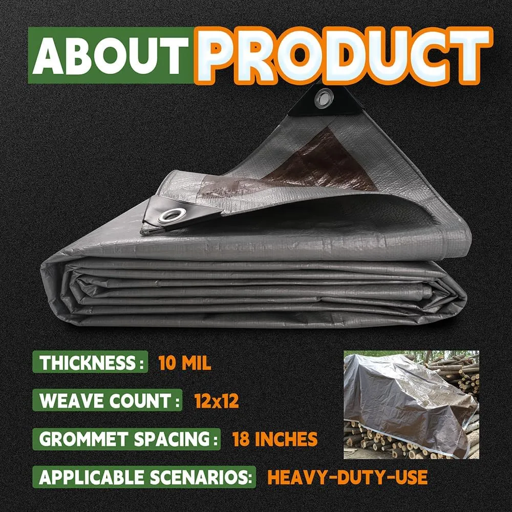 Small Tarps Heavy Duty Waterproof 4x6 Feet (3 Pack), 10Mil Multipurpose Poly Tarp Cover with Metal Grommets and Reinforced Edges, Silver/Brown Tarp by RAINDEWAY