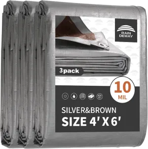 Small Tarps Heavy Duty Waterproof 4x6 Feet (3 Pack), 10Mil Multipurpose Poly Tarp Cover with Metal Grommets and Reinforced Edges, Silver/Brown Tarp by RAINDEWAY