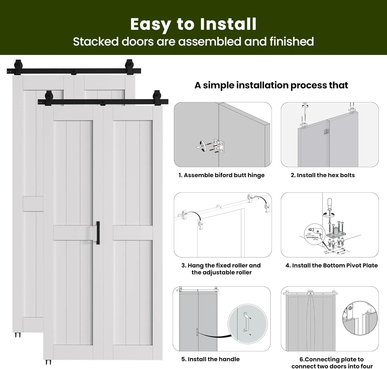 SMARTSTANDARD Bifold Barn Door 72'' x 84'',Bi-Fold Sliding Closet Doors with Hardware Kit Included,80'' Track Kit for 4 Doors,Waterproof & Quiet,Pre-Drilled Holes Easy Assembly,White