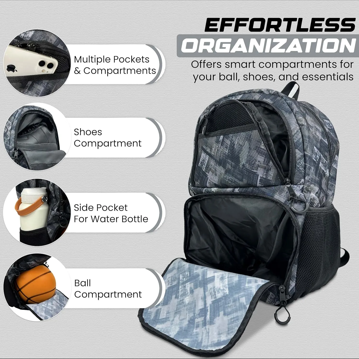 Soccer & Basketball Sports Bag with Ball Pump - Basketball Backpack with Separate Ball & Shoes Holder Compartment, Soccer Basketball Football & Volleyball Bag with Large Capacity