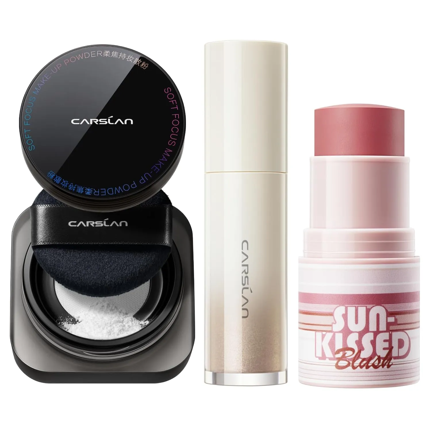 Soft Focus Makeup Powder Waterproof Powder 01 and 3D Liquid Highlighter 02 and Sunkissed Blush 01, Face Cosmetics Kit, 3Pcs