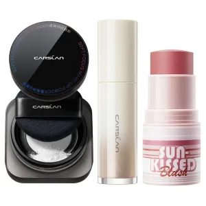 Soft Focus Makeup Powder Waterproof Powder 01 and 3D Liquid Highlighter 02 and Sunkissed Blush 01, Face Cosmetics Kit, 3Pcs