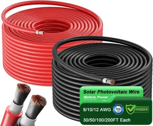 Solar Panel Wire 50Ft Black and 50Ft Red Kit, Solar Panel Extension Cable 10AWG (6mm²) Tinned Copper Wire for Outdoor Automotive RV Boat Marine Solar Panel (Black Red)