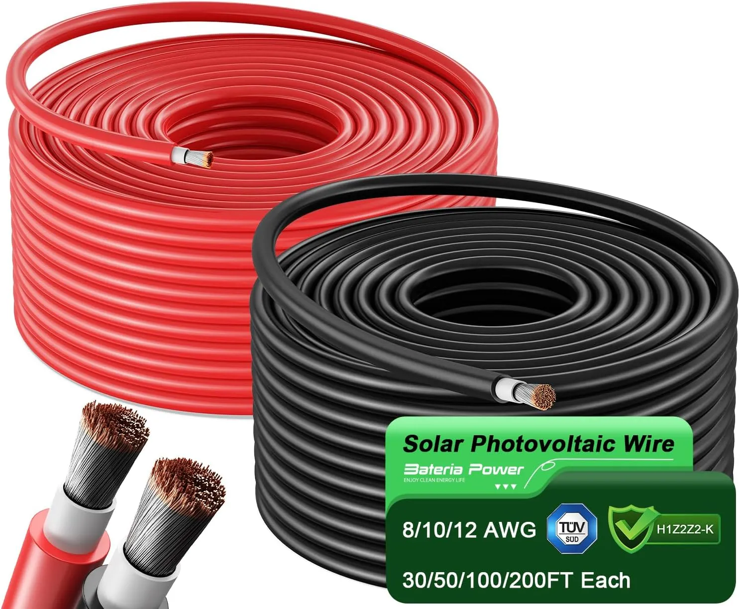 Solar Panel Wire 50Ft Black and 50Ft Red Kit, Solar Panel Extension Cable 10AWG (6mm²) Tinned Copper Wire for Outdoor Automotive RV Boat Marine Solar Panel (Black Red)