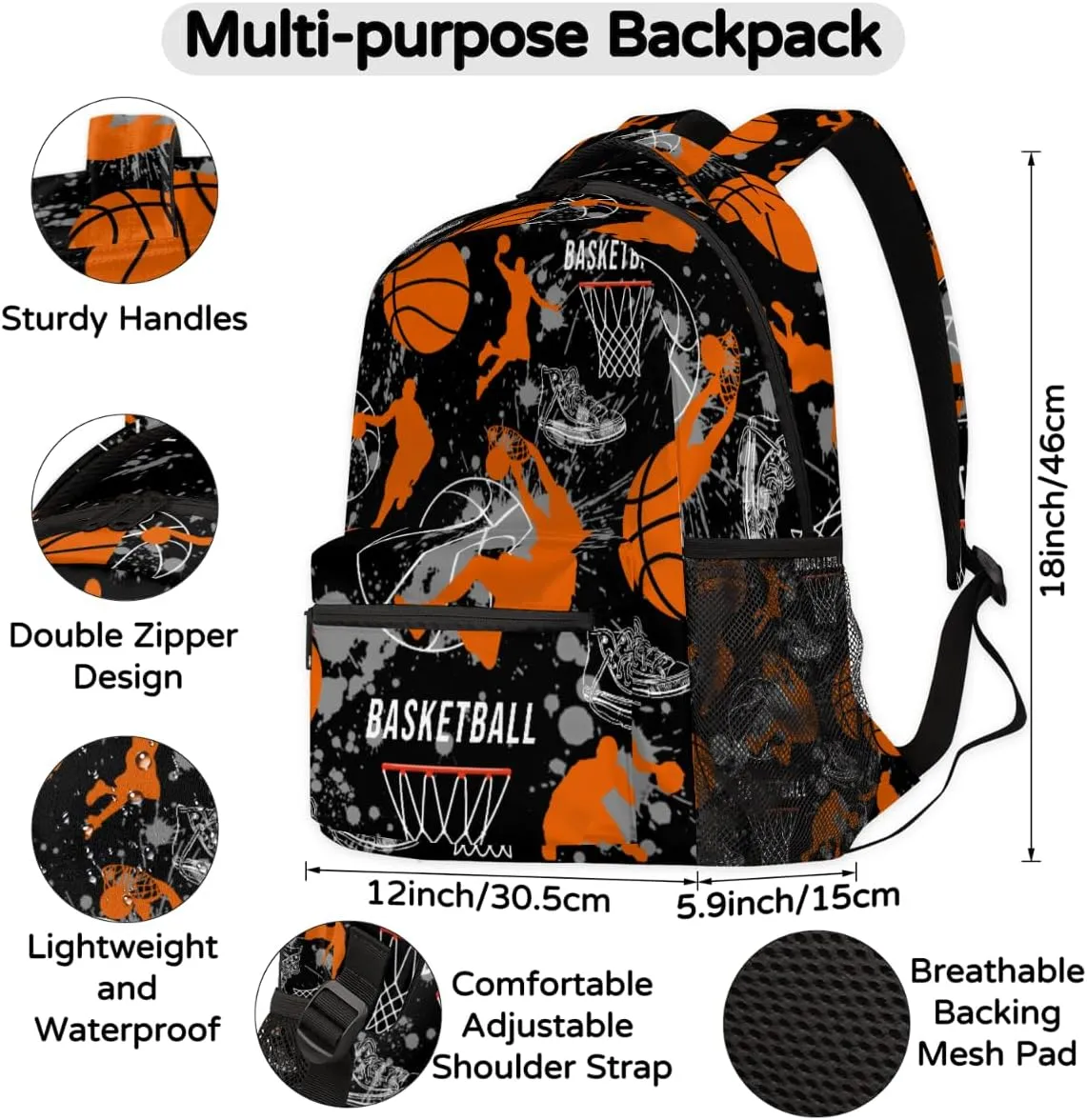 Sports Backpack for Boys, 18 Inch Basketball Print Travel Backpack