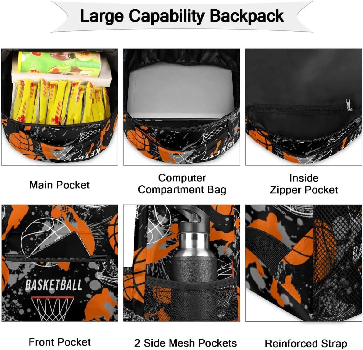 Sports Backpack for Boys, 18 Inch Basketball Print Travel Backpack