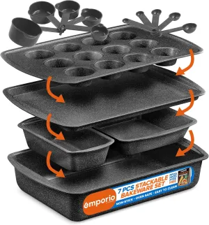 Stackable Baking Pan Set - Deluxe Nonstick White Marble Coating, Carbon Steel Bakeware Sets, PFOA, PFOS, PTFE Free, Recipe Booklet Included, Oven Safe (Up to 450°F), Set of 7