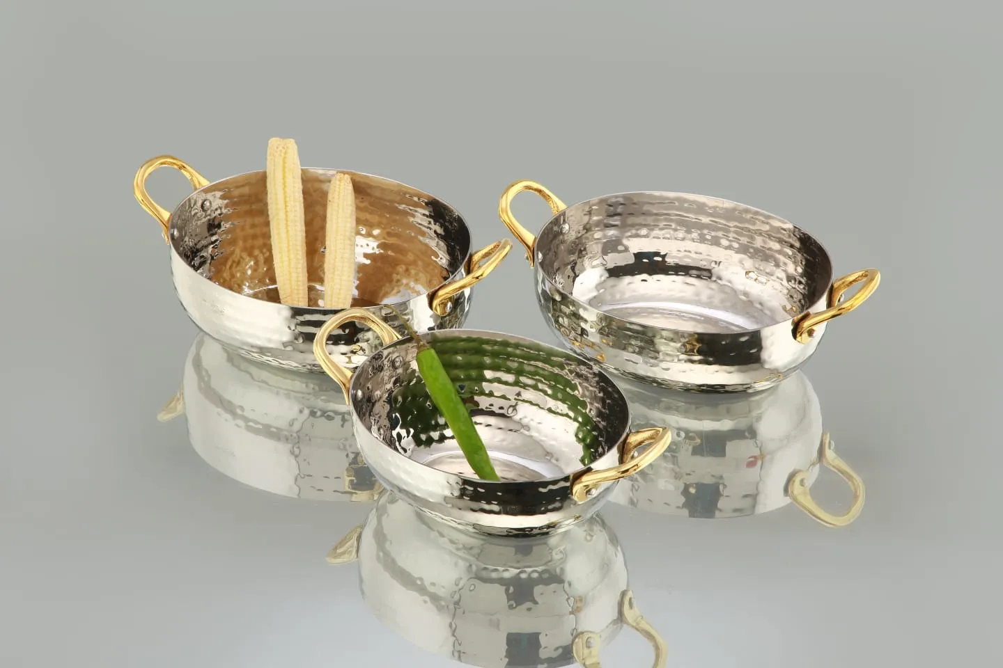 Stainless Steel Deep Oval Shape Serving Pan #1, Hammered Finish, 500 ML, 4.5", Double Sided Brass Handle