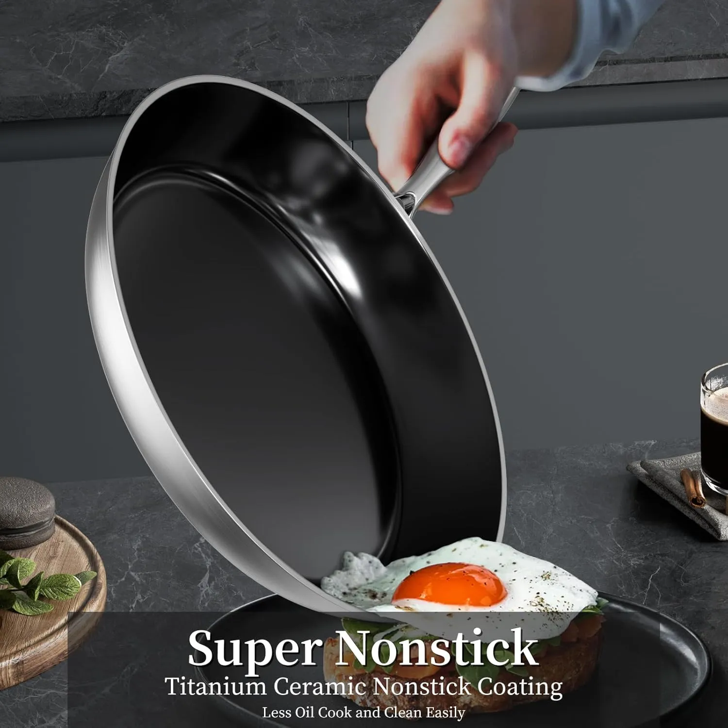 Stainless Steel Frying Pan with Lid 12 inch Titanium Ceramic Nonstick Frying Pan,Skillet with Stay-Cool Handle Non Toxic Healthy Ceramics Egg Pans,PFAS PFOA PTFE Free,Suitable for All Stove