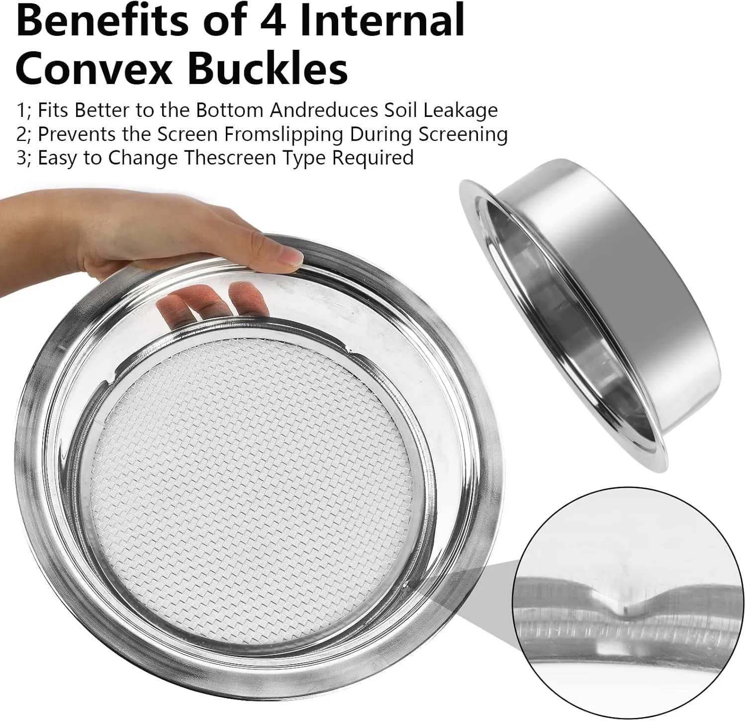 Stainless Steel Garden Sieve & Soil Sifter Tool - 9.5 Inch Stackable Sifting Pan with 3 Mesh Sizes (0.043"/0.133"/0.204") for Sand, Bonsai Soil - Includes Mini Shovels & Scoop (1 Pack)