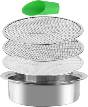 Stainless Steel Garden Sieve & Soil Sifter Tool - 9.5 Inch Stackable Sifting Pan with 3 Mesh Sizes (0.043"/0.133"/0.204") for Sand, Bonsai Soil - Includes Mini Shovels & Scoop (1 Pack)