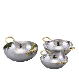 Stainless Steel Hammered Serving Kadhai Pan with Both Sided Brass Handle #1, 500 ML, 5"