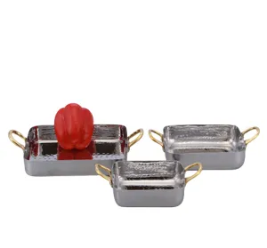 Stainless Steel Hammered Square Serving Pan with Double Sided Brass Handle #1, 500 ML, 4.75"