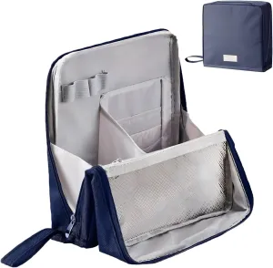 Standing Makeup Bag, Portable Multi Purpose Large Capacity with Room for Brushes and Mirror, Travel Makeup Organizer, Make Up Case, Waterproof Cosmetic Toiletry Bags with Handle (Navy blue)