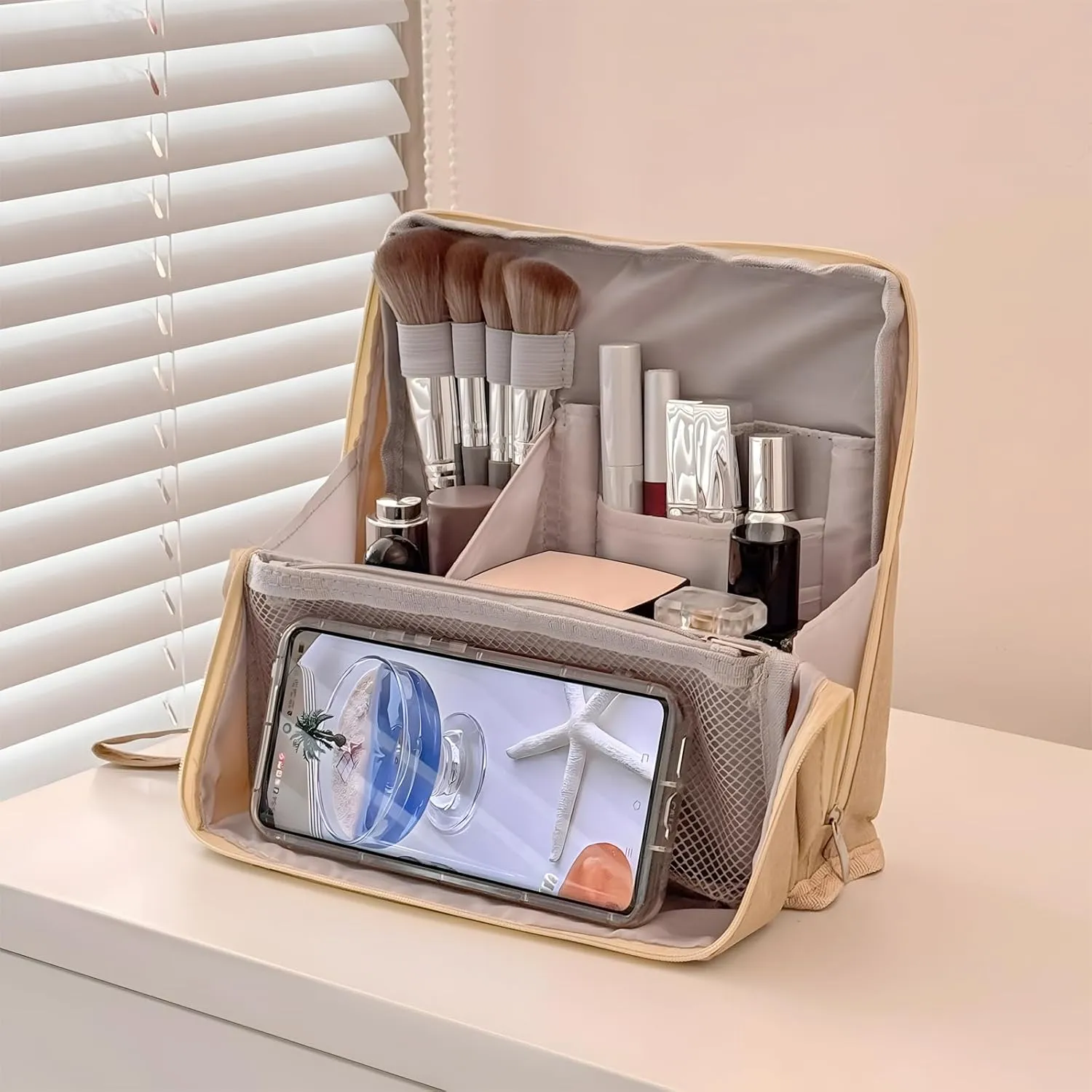Standing Makeup Bag, Portable Multi Purpose Large Capacity with Room for Brushes and Mirror, Travel Makeup Organizer, Make Up Case, Waterproof Cosmetic Toiletry Bags with Handle (Navy blue)