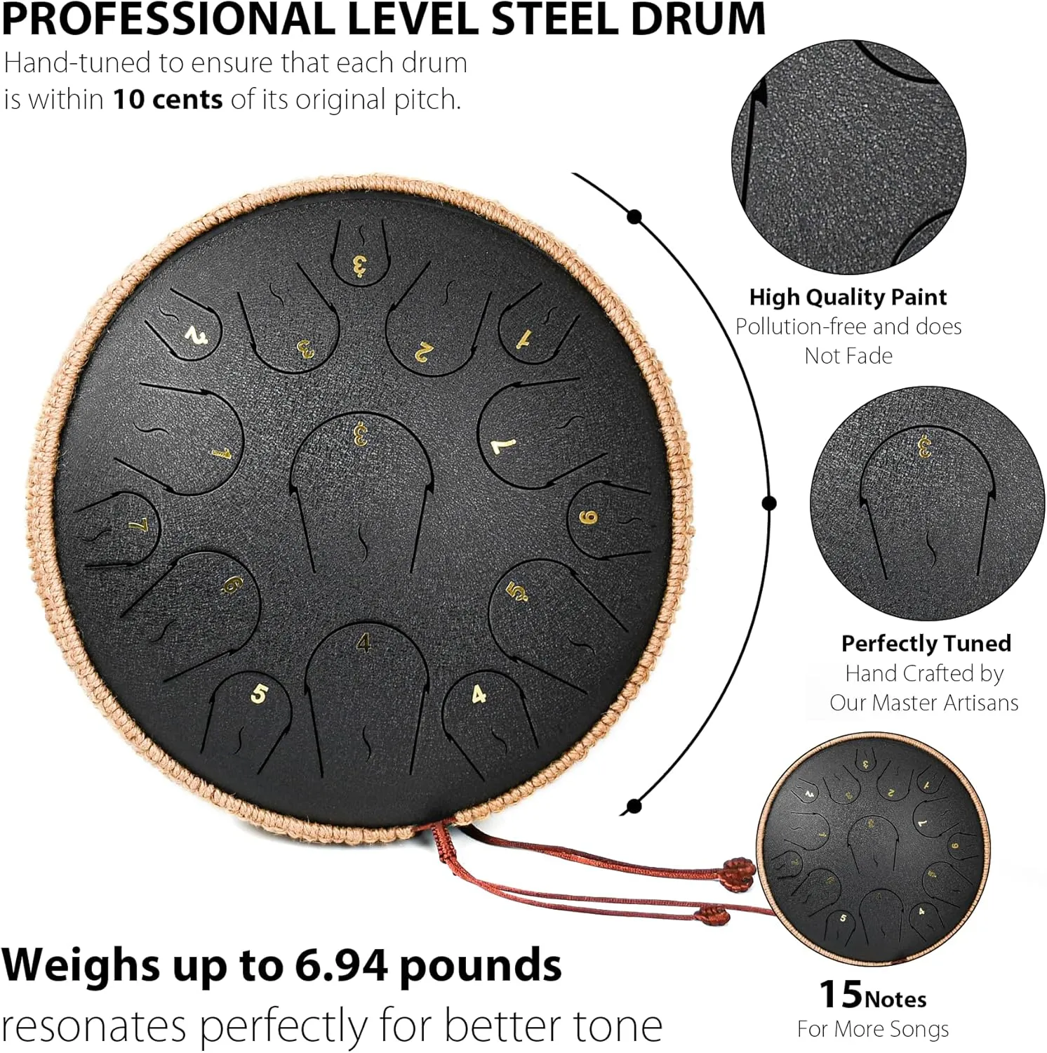 Steel Tongue Drum - 14 Inch 15 Note Tongue Drum - Hand Pan Drum with Music Book, Handpan Mallets and Carry Bag, C Major, Black