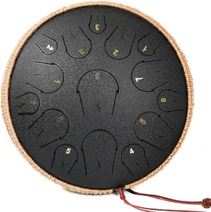 Steel Tongue Drum - 14 Inch 15 Note Tongue Drum - Hand Pan Drum with Music Book, Handpan Mallets and Carry Bag, C Major, Black