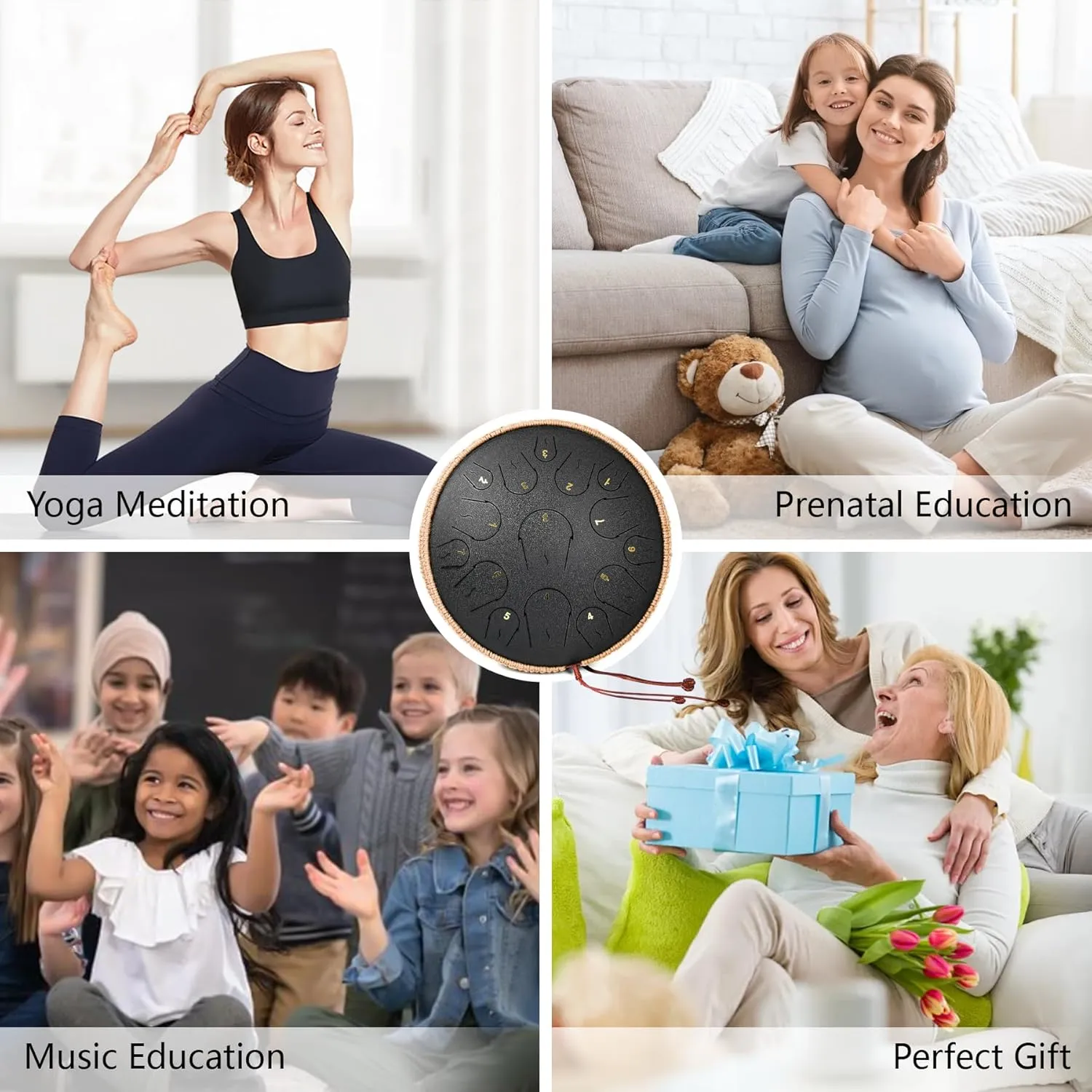 Steel Tongue Drum - 14 Inch 15 Note Tongue Drum - Hand Pan Drum with Music Book, Handpan Mallets and Carry Bag, C Major, Black