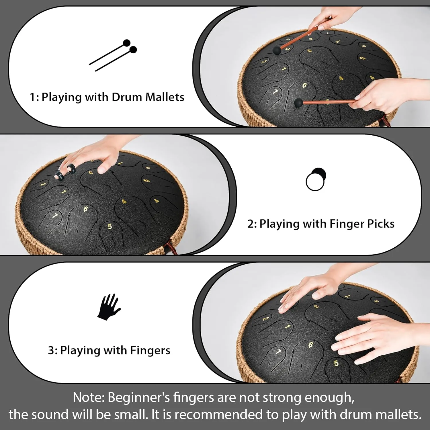 Steel Tongue Drum - 14 Inch 15 Note Tongue Drum - Hand Pan Drum with Music Book, Handpan Mallets and Carry Bag, C Major, Black