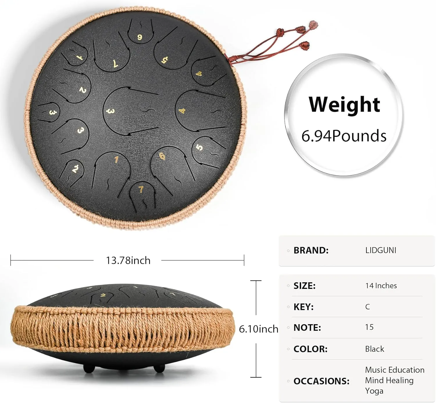 Steel Tongue Drum - 14 Inch 15 Note Tongue Drum - Hand Pan Drum with Music Book, Handpan Mallets and Carry Bag, C Major, Black