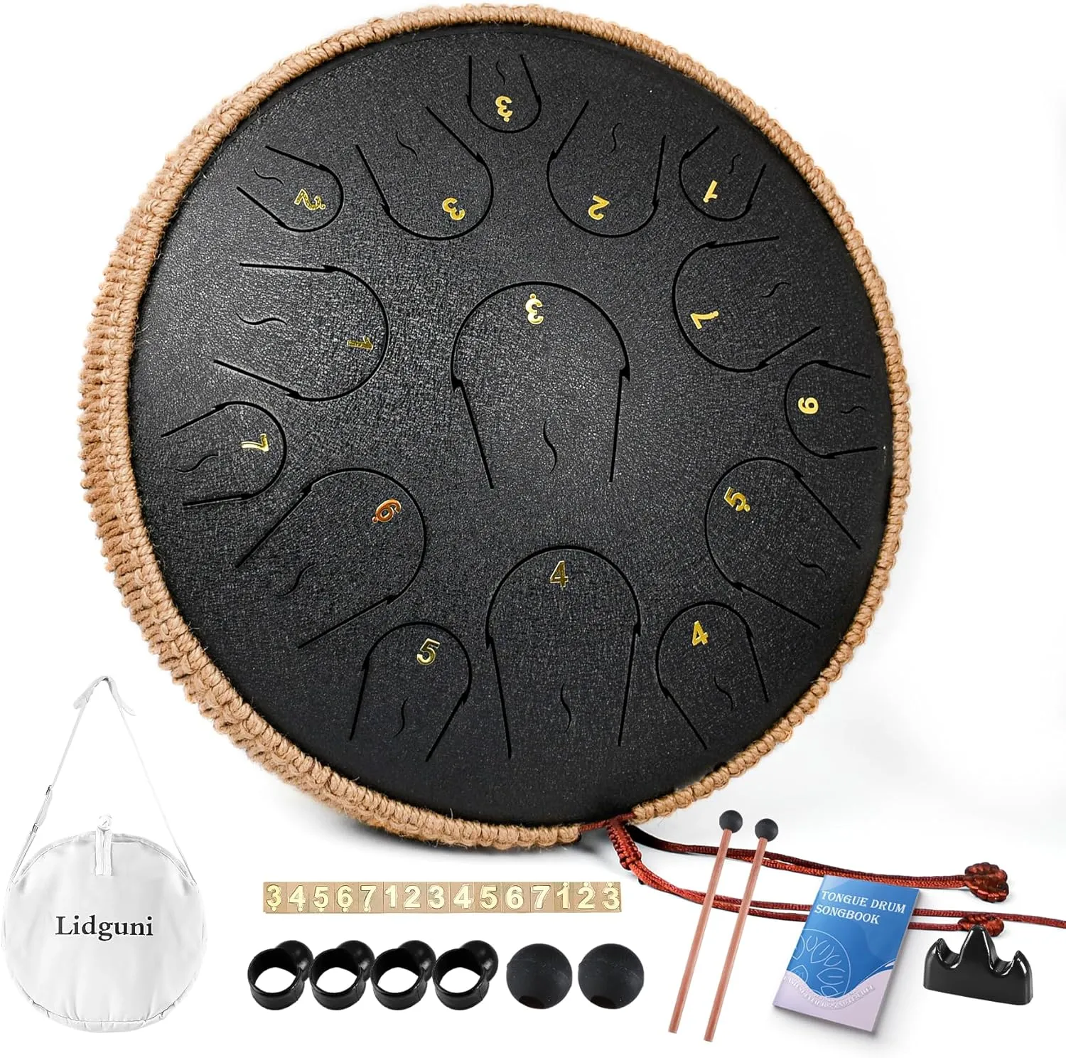 Steel Tongue Drum - 14 Inch 15 Note Tongue Drum - Hand Pan Drum with Music Book, Handpan Mallets and Carry Bag, C Major, Black