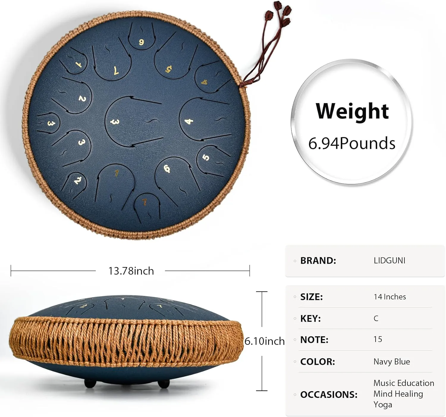 Steel Tongue Drum - 14 Inch 15 Note Tongue Drum - Hand Pan Drum with Music Book, Handpan Mallets and Carry Bag, C Major, Navy Blue