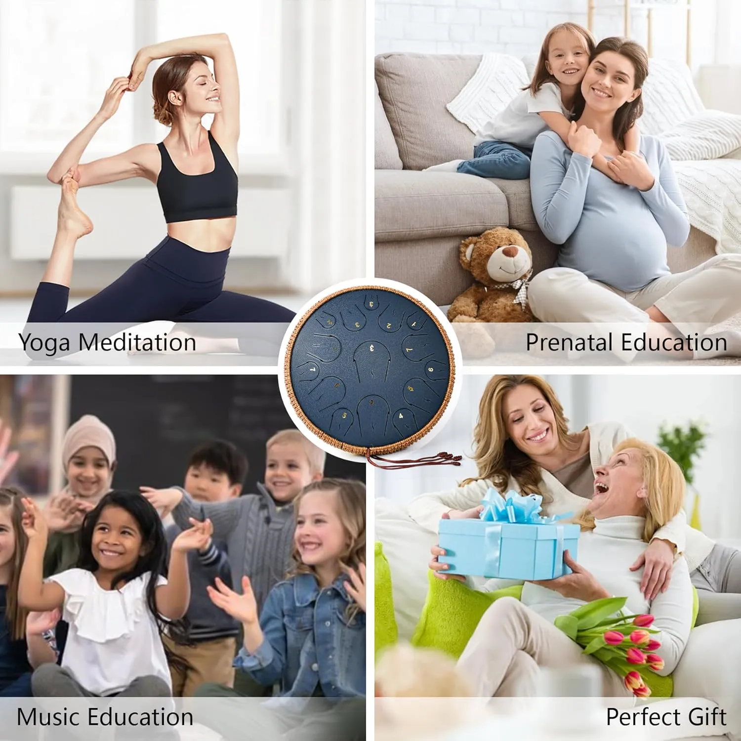 Steel Tongue Drum - 14 Inch 15 Note Tongue Drum - Hand Pan Drum with Music Book, Handpan Mallets and Carry Bag, C Major, Navy Blue