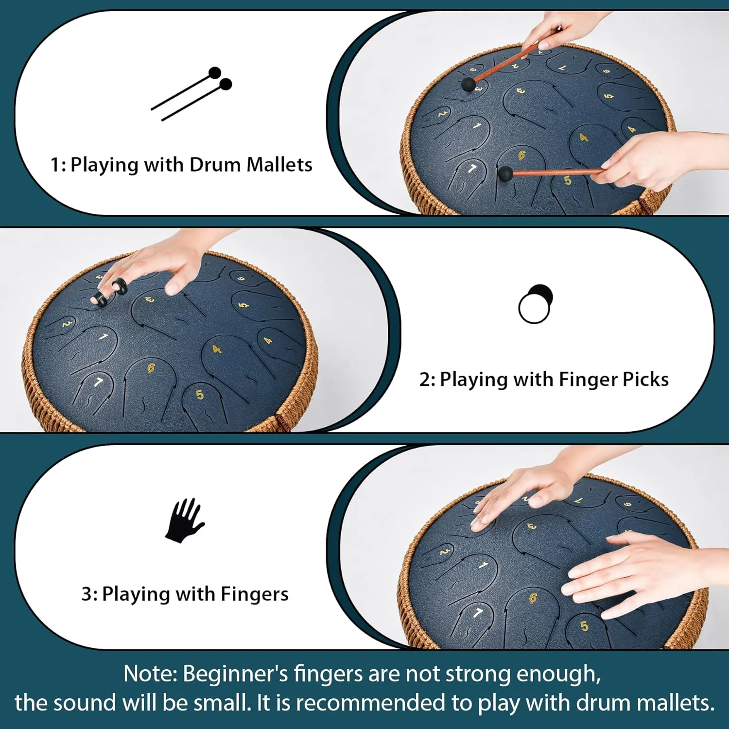 Steel Tongue Drum - 14 Inch 15 Note Tongue Drum - Hand Pan Drum with Music Book, Handpan Mallets and Carry Bag, C Major, Navy Blue