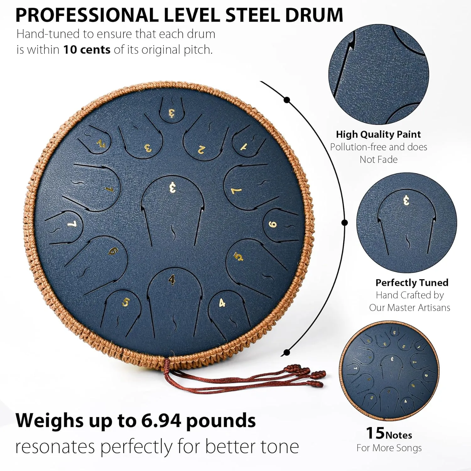 Steel Tongue Drum - 14 Inch 15 Note Tongue Drum - Hand Pan Drum with Music Book, Handpan Mallets and Carry Bag, C Major, Navy Blue