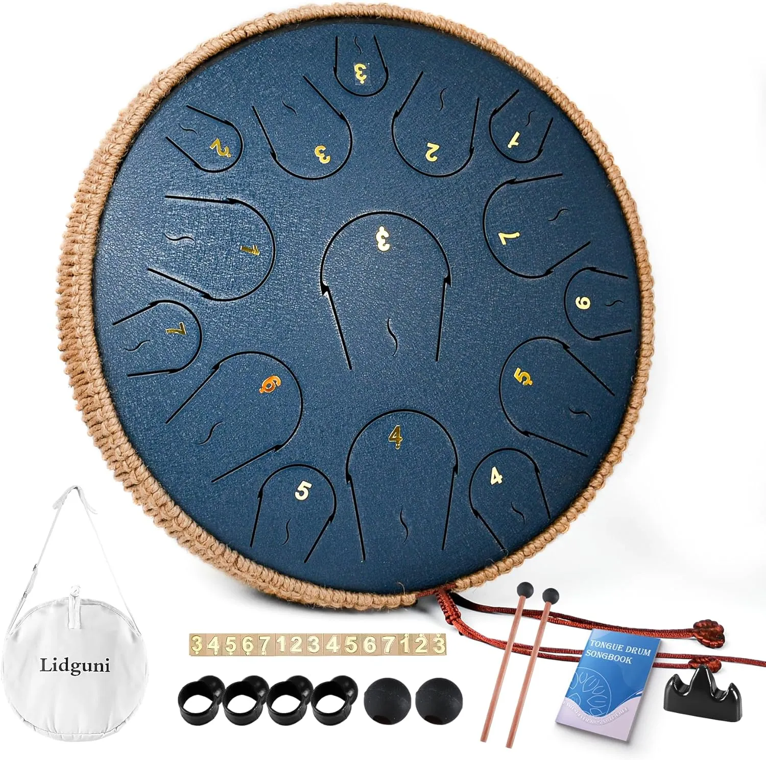 Steel Tongue Drum - 14 Inch 15 Note Tongue Drum - Hand Pan Drum with Music Book, Handpan Mallets and Carry Bag, C Major, Navy Blue