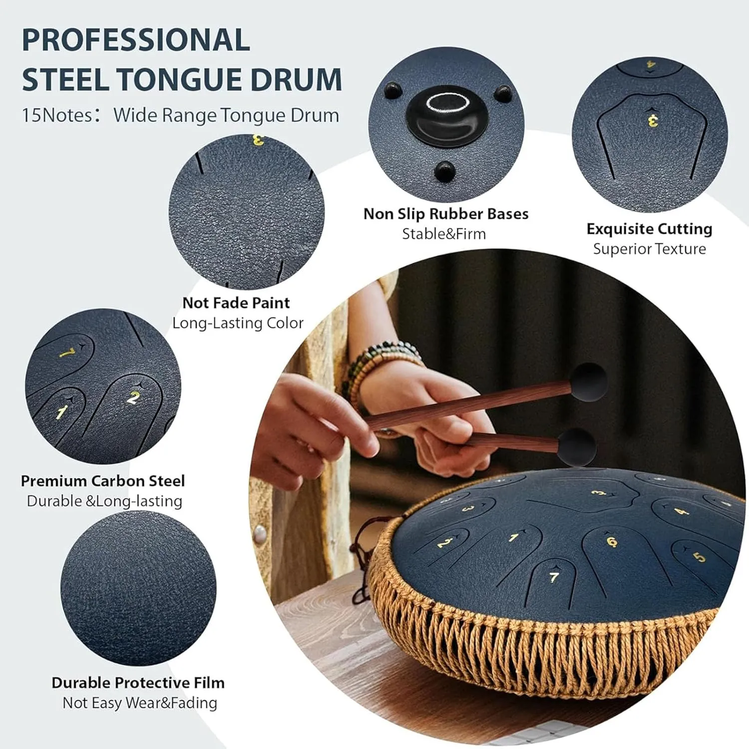 Steel Tongue Drum -14 Inch 15 Notes C Major Handpan Drum Sets, Handpan Drums, Handpan Instrument Handpan Drum For Adults, Rubber Xylophone Mallet Percussion(B)