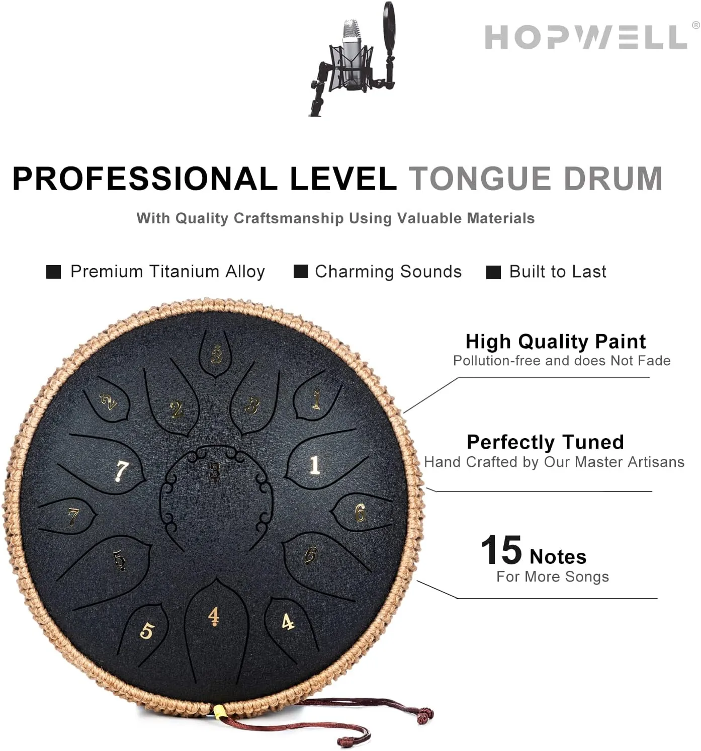 Steel Tongue Drum - 15 Note 12 Inch Tongue Drums - Percussion Instruments - Hand Pan Drum with Music Book, Drum Mallets and Carry Bag, D Major, Black