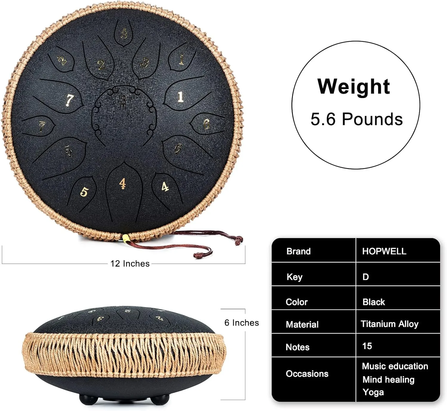 Steel Tongue Drum - 15 Note 12 Inch Tongue Drums - Percussion Instruments - Hand Pan Drum with Music Book, Drum Mallets and Carry Bag, D Major, Black