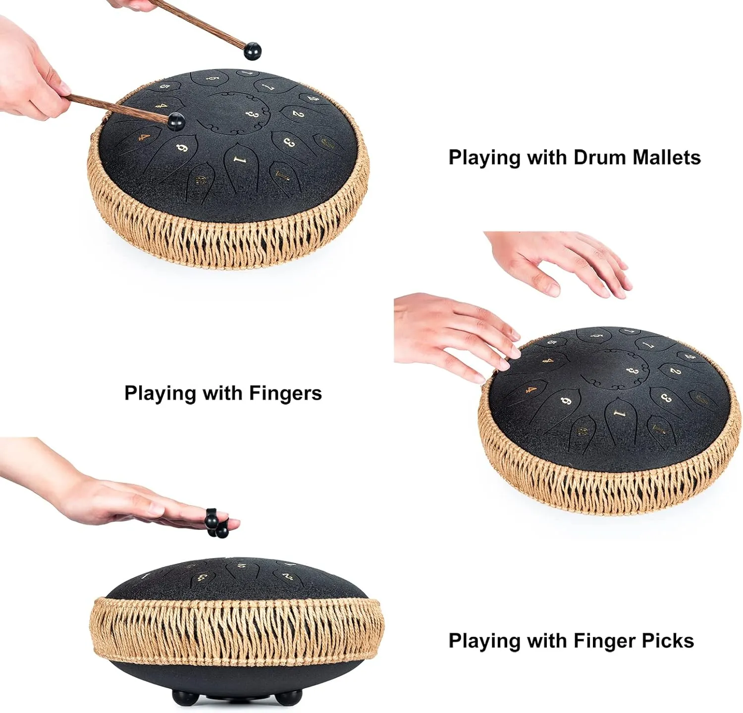 Steel Tongue Drum - 15 Note 12 Inch Tongue Drums - Percussion Instruments - Hand Pan Drum with Music Book, Drum Mallets and Carry Bag, D Major, Black