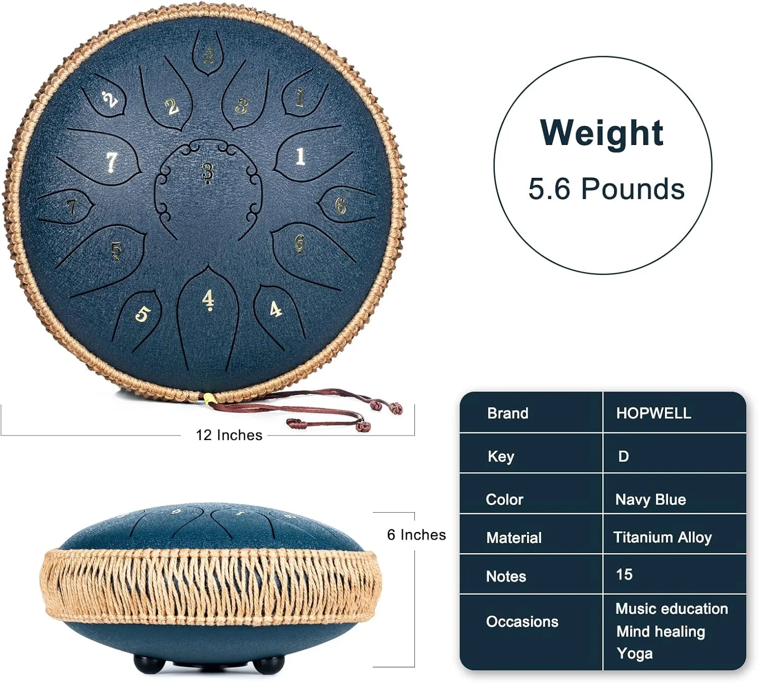 Steel Tongue Drum - 15 Note 12 Inch Tongue Drums - Percussion Instruments - Hand Pan Drum with Music Book, Drum Mallets and Carry Bag, D Major, Navy Blue