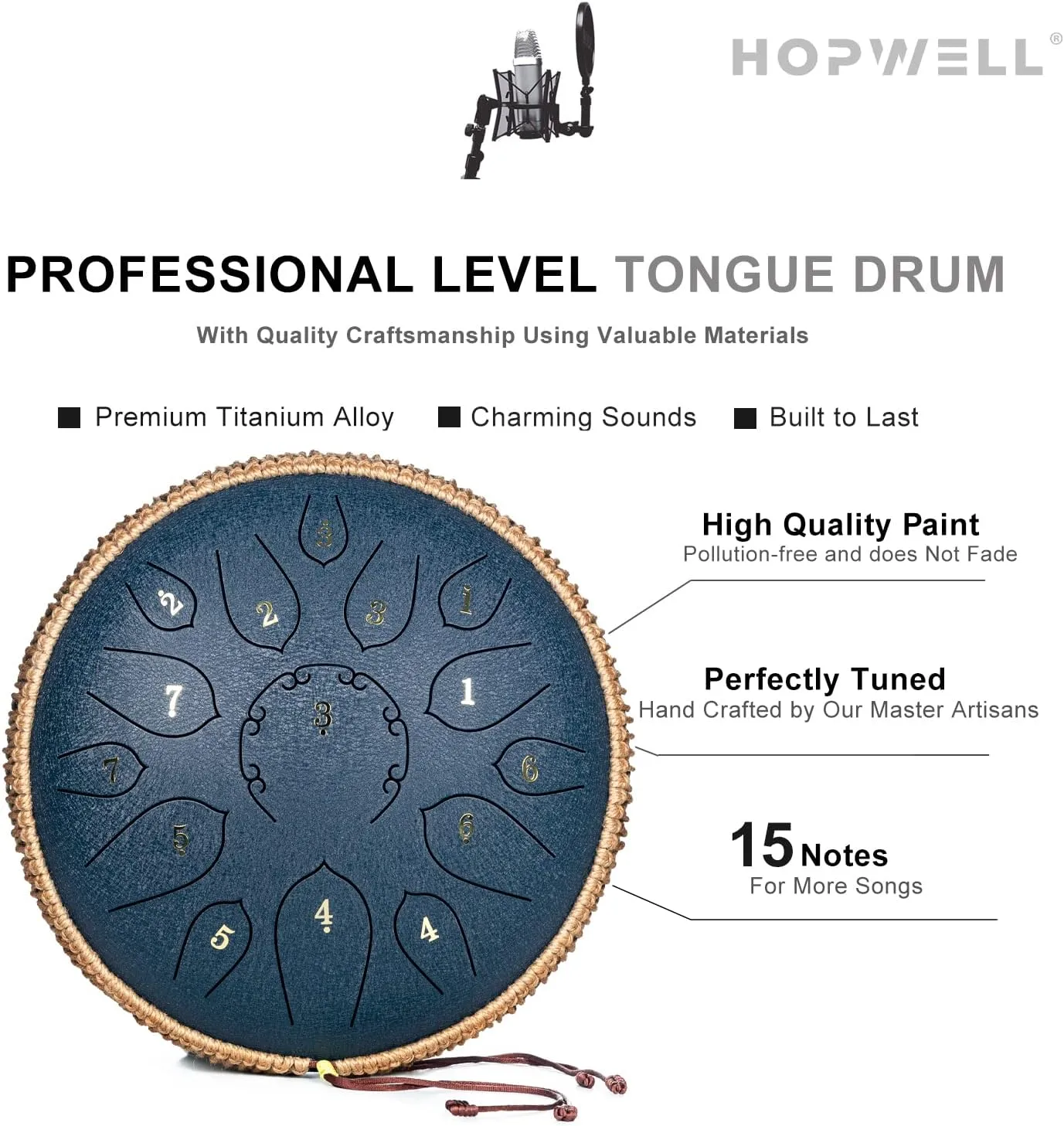 Steel Tongue Drum - 15 Note 12 Inch Tongue Drums - Percussion Instruments - Hand Pan Drum with Music Book, Drum Mallets and Carry Bag, D Major, Navy Blue