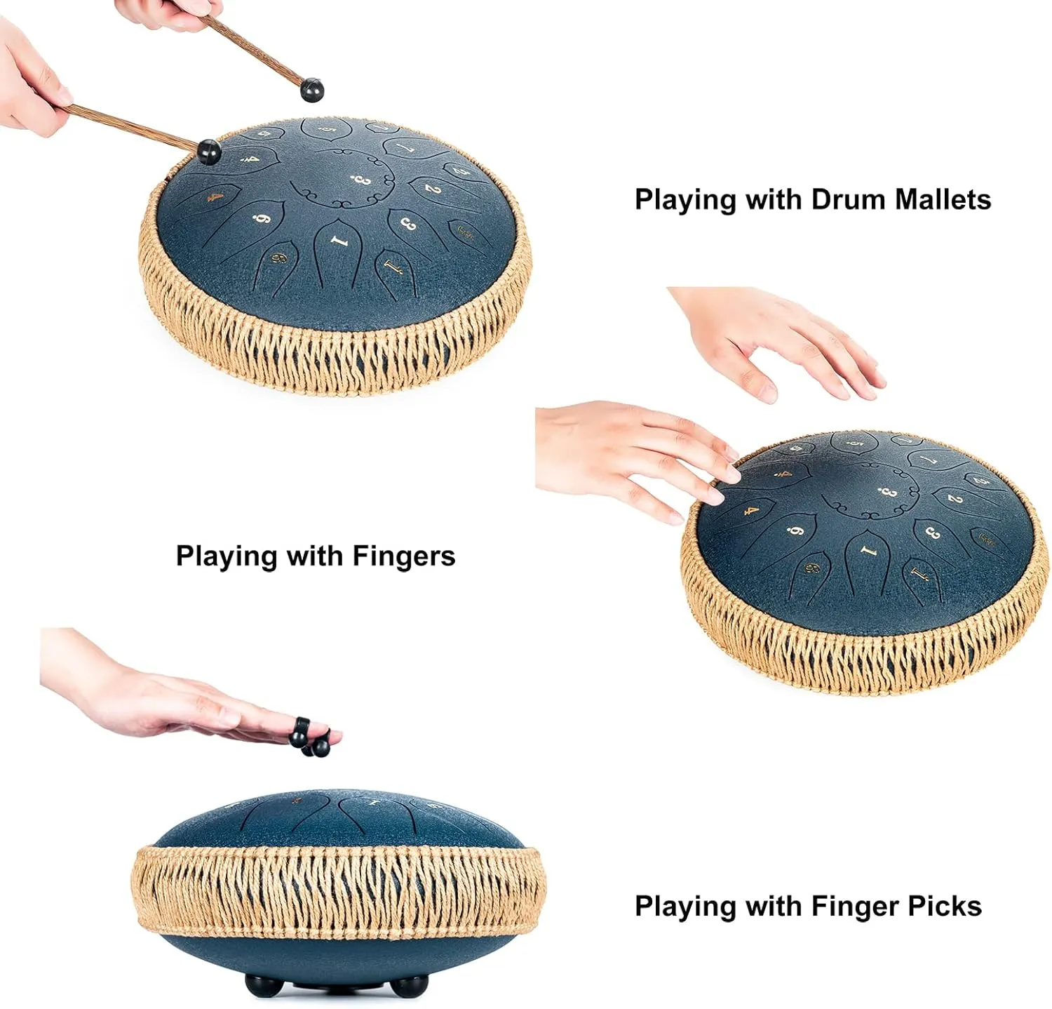 Steel Tongue Drum - 15 Note 12 Inch Tongue Drums - Percussion Instruments - Hand Pan Drum with Music Book, Drum Mallets and Carry Bag, D Major, Navy Blue