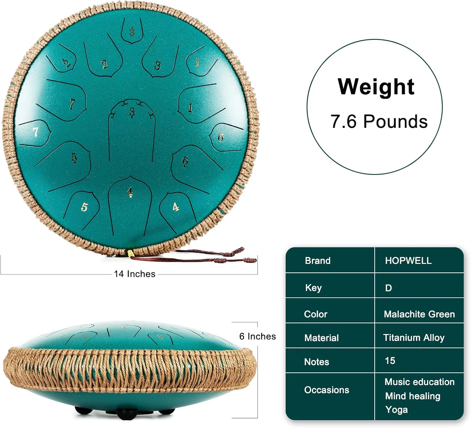 Steel Tongue Drum - HOPWELL 15 Note 14 Inch - Percussion Instrument - Hand Pan Drums with Music Book, Drum Mallets and Carry Bag, D Major, Malachite Green