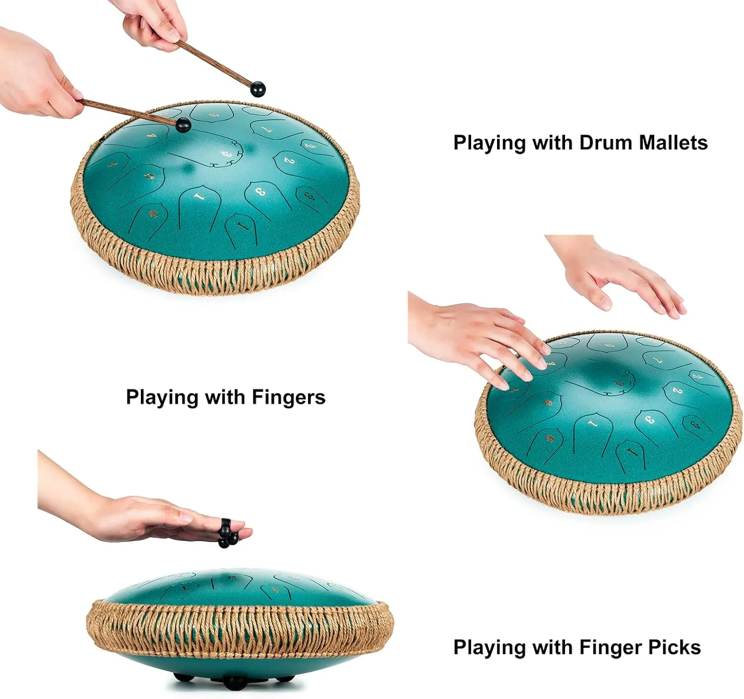 Steel Tongue Drum - HOPWELL 15 Note 14 Inch - Percussion Instrument - Hand Pan Drums with Music Book, Drum Mallets and Carry Bag, D Major, Malachite Green