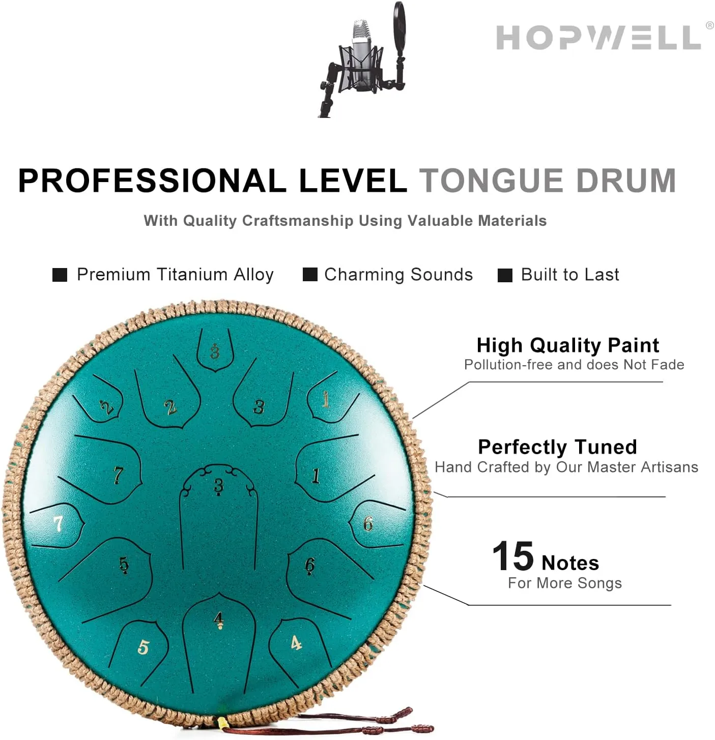 Steel Tongue Drum - HOPWELL 15 Note 14 Inch - Percussion Instrument - Hand Pan Drums with Music Book, Drum Mallets and Carry Bag, D Major, Malachite Green