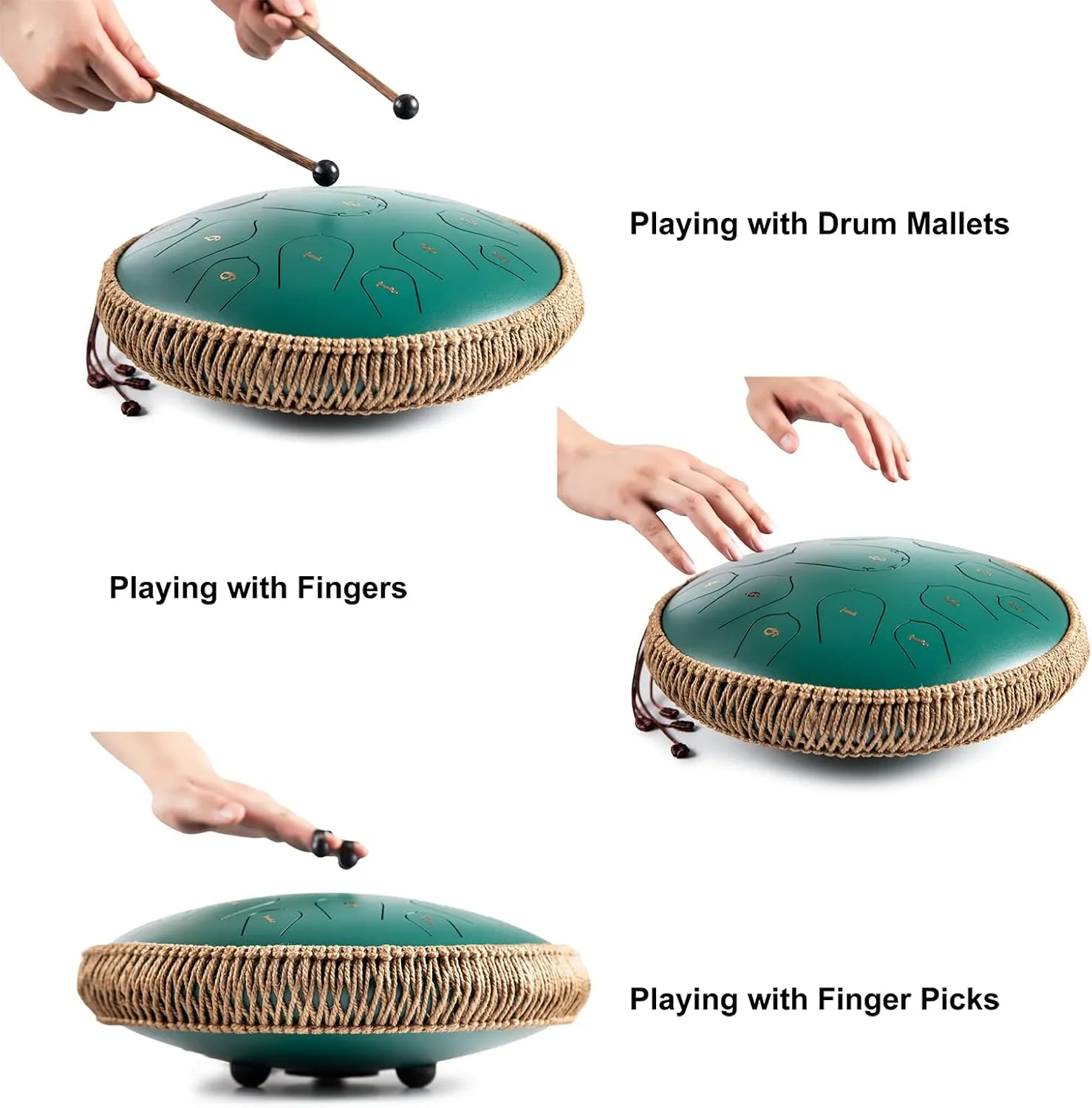 Steel Tongue Drum - HOPWELL 15 Note 14 Inch Tongue Drum - Hand Pan Drums with Music Book, Steel Handpan Drum Mallets and Carry Bag, D Major (Green)