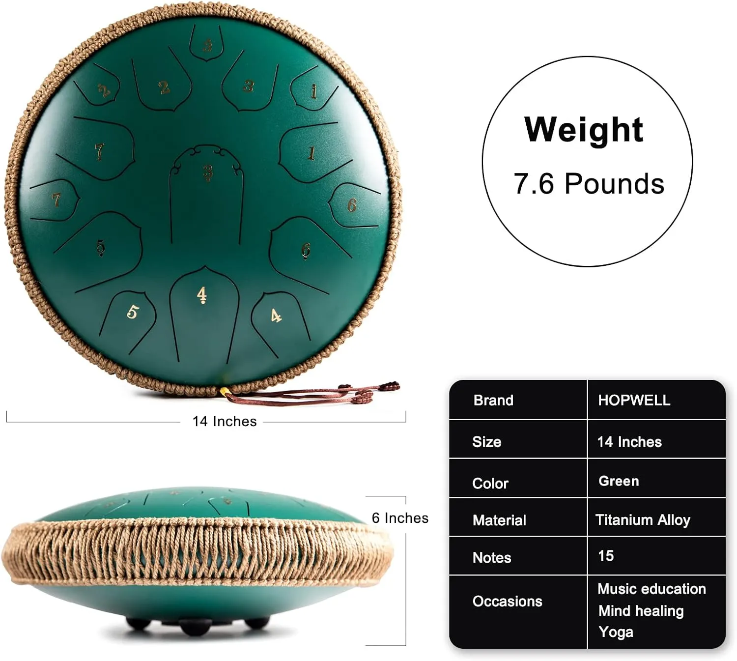 Steel Tongue Drum - HOPWELL 15 Note 14 Inch Tongue Drum - Hand Pan Drums with Music Book, Steel Handpan Drum Mallets and Carry Bag, D Major (Green)
